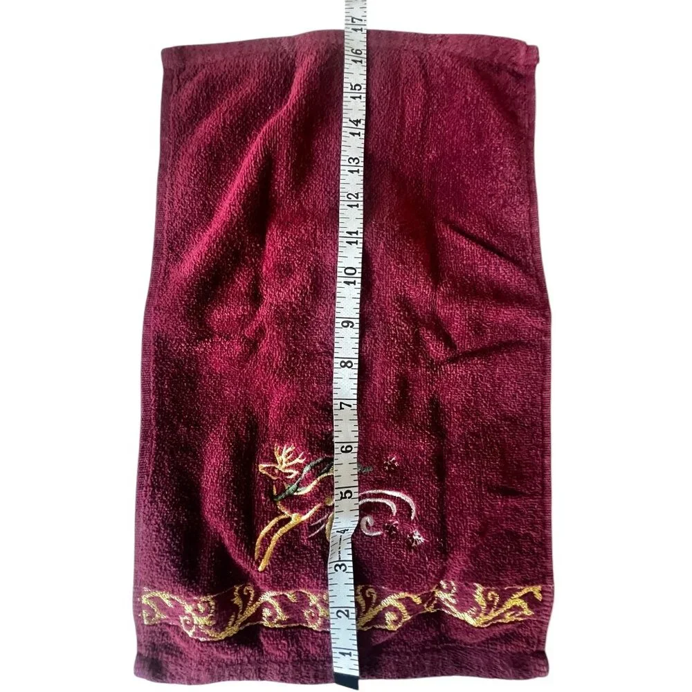 3 Christmas Reindeer Hand Towels 17X10.5Maroon w/ Gold Embroidery 99% Cotton